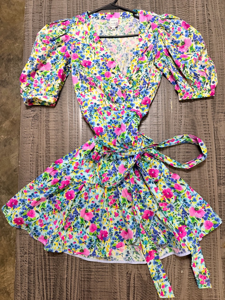 Sara Roka White & Pink Floral Wrap Dress Size 40 (Us 4)